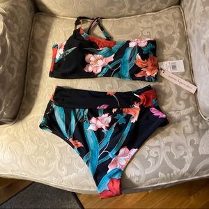 Nanette Lepore Womens Black Floral Aster Asymmetrical Two Piece Bikini Set Sz 6